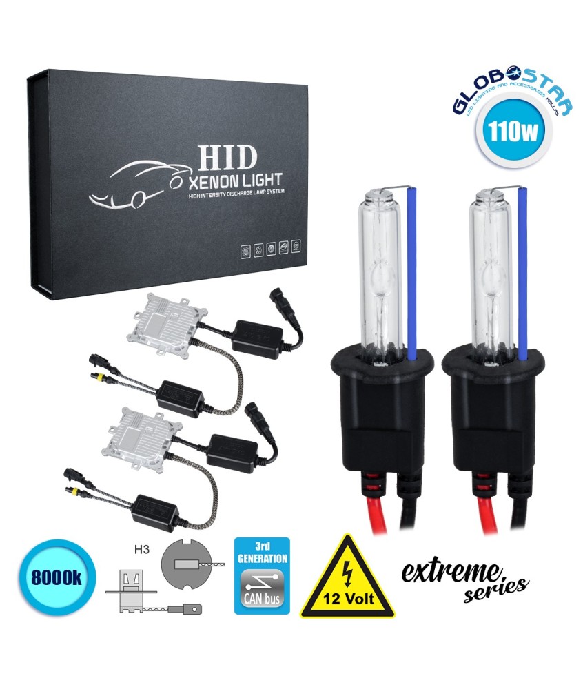 GloboStar® 84156 H3 XCB Line KIT Βασικού Φωτισμού Αυτοκινήτου & Μοτοσυκλέτας 3rd Generation Can-Bus Extreme Series XENON 110W 10350lm DC 9-16V Αδιάβροχο IP65 Ψυχρό Λευκό 8000K